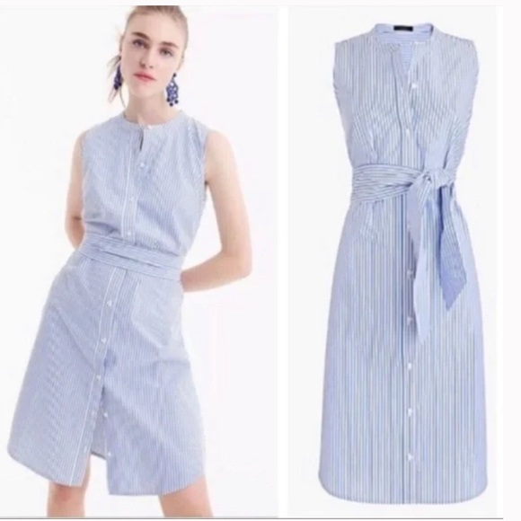 J. Crew Dresses & Skirts - J.Crew Collection Sleeveless Shift Dress Blue Stripe Poplin Tie Belt Sz PM